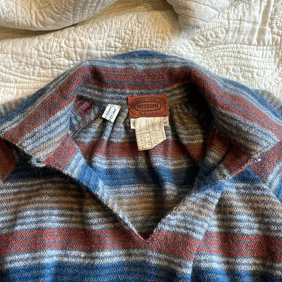 VTG Missoni 70s 80s wool stripe collared maxi dress 42 medium POCKETS - Picture 11 of 16